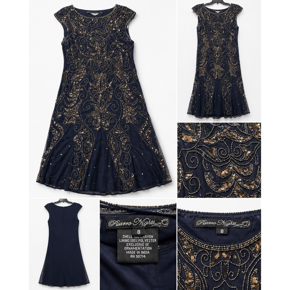Pisarro Nights Beaded Sequin Cocktail Dress Navy Gold Size 8